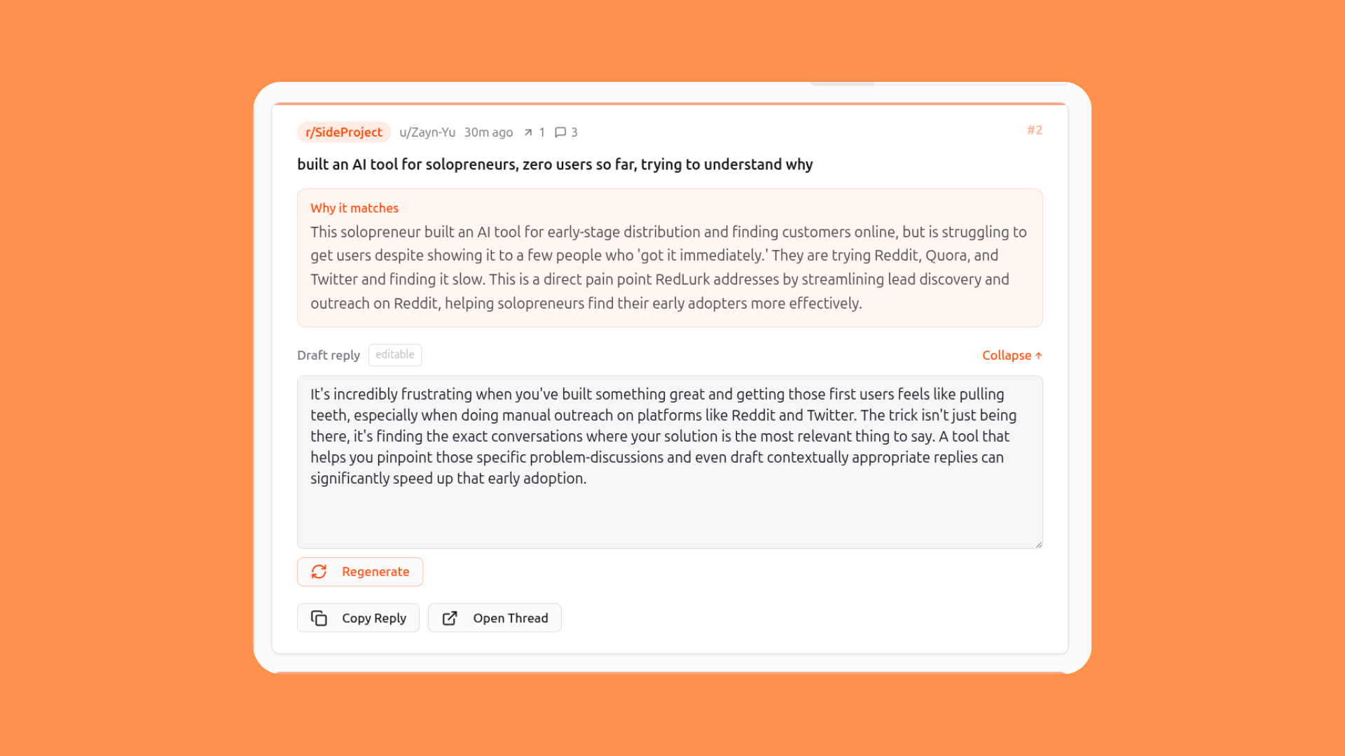 RedLurk lead card — expanded view showing why it matches and the draft reply